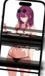  1girl absurdres black_panties breasts commentary cowboy_shot eyewear_on_head groin highres honkai:_star_rail honkai_(series) kafka_(honkai:_star_rail) kili_kilio large_breasts long_hair looking_at_viewer navel panties purple_eyes purple_hair sidelocks smile solo standing stomach sunglasses thighs topless underwear white_background 