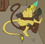  anthro anvil_position awkward birthday blonde_hair brown_fur crouching delicatessen duo eye_contact feline fur gay green_hair hair hat inside jude lion logan male mammal mane monkey nude open_mouth polka_dots prehensile_feet primate shmagaman signature sloth tail_tuft tuft yellow_fur 