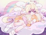  1girl aeruusa blonde_hair closed_mouth cloud cloud_hair_ornament cloud_print frilled_pillow frills full_body glitch hair_between_eyes halo hugging_object long_hair long_sleeves looking_at_viewer loose_socks lying mahou_shoujo_ikusei_keikaku mahou_shoujo_ikusei_keikaku_unmarked multicolored_hair nemurin on_side orange_pajamas pajamas pillow pillow_hug print_pajamas purple_eyes rainbow sleeves_past_fingers sleeves_past_wrists smile socks solo twintails very_long_hair white_socks 