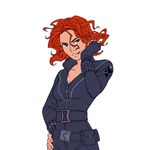  avengers belt belt_pouch black_widow bodysuit breasts cleavage fingerless_gloves flat_color full-length_zipper gloves hand_on_hip marvel multiple_belts natasha_romanoff pouch red_hair short_hair small_breasts solo standing veter zipper 