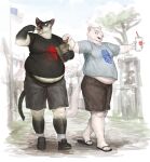 anthro belly belly_overhang beverage big_belly bottomwear cettus clothing cougar domestic_cat double_chin duo eating felid feline felis flag footwear hi_res karras_lafontaine male male/male mammal market moobs overweight overweight_male samson_(derpoomer) sandals shorts siamese weight_gain