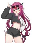  absurdres bakedmonogamy blue_eyes breasts cropped_jacket eyewear_on_head hand_on_own_hip highres hololive hololive_english hood hoodie horns irys_(hololive) irys_(irys_2.0)_(hololive) one_eye_closed open_mouth red_hair short_shorts shorts simple_background sunglasses thighs twintails underboob 