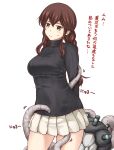  1girl abyssal_ship alternate_costume black_sweater braid breasts brown_hair enemy_naval_mine_(kancolle) green_eyes highres kantai_collection large_breasts long_hair long_sleeves miniskirt noshiro_(kancolle) pleated_skirt simple_background skirt standing suda_(yuunagi_enikki) sweater swept_bangs tentacles turtleneck turtleneck_sweater twin_braids white_background white_skirt 