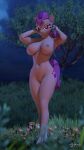 3d_(artwork) anthro anthroponiessfm big_breasts biped breasts digital_media_(artwork) equid equine female genitals hasbro hi_res looking_at_viewer mammal mlp_g5 my_little_pony navel night nipples nude outside plant pussy solo sunny_starscout_(mlp) thick_thighs tree