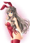  1girl animal_ears ben-day_dots blue_eyes bow bowtie braid breasts commentary_request cowboy_shot detached_collar drill_hair french_braid grey_hair highres kamiya_tomoe leotard long_hair medium_breasts original playboy_bunny rabbit_ears rabbit_tail red_bow red_bowtie red_leotard red_thighhighs screentones solo strapless strapless_leotard tail thighhighs v wrist_cuffs 