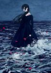  1girl black_dress black_hair dress dyuba000 flower highres holding holding_flower long_dress long_hair night ocean original overcast partially_submerged petals pointy_nose profile red_flower red_rose rose rose_petals sky solo splashing standing water 