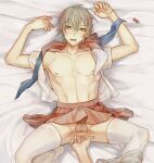  1boy akira_(togainu_no_chi) anal arms_up bed_sheet blue_eyes blush bulge crossdressing drooling erection erection_under_clothes facing_viewer fingering fuxi grey_hair hair_between_eyes knee_up looking_at_viewer lying male_focus nipples on_back on_bed open_clothes open_mouth open_shirt pectorals penis pink_skirt pleated_skirt pov short_hair sketch skirt solo_focus spread_legs thighhighs thighs togainu_no_chi toned toned_male white_thighhighs 