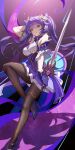  1girl absurdres bare_shoulders commentary_request cone_hair_bun detached_sleeves genshin_impact gloves hair_bun high-waist_shorts high_heels highres holding holding_sword holding_weapon keqing_(genshin_impact) long_hair looking_at_viewer luai pantyhose purple_eyes purple_footwear purple_gloves purple_hair purple_skirt reverse_grip short_sleeves shorts skirt solo sword thighs twintails very_long_hair weapon 