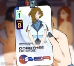  absurdres asymmetrical_hair aurahack belt_buckle black_nails blue_eyes blurry blurry_background breasts brown_hair buckle catherine_(aurahack) commentary depth_of_field employee_uniform english_commentary english_text fingernails hair_over_one_eye highres holding huge_breasts id_card lab_coat lanyard light_smile nail_polish original pov pov_hands short_hair solo_focus symbol-shaped_pupils uniform v_arms 