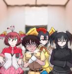  1boy 3girls @_@ antenna_hair arm_at_side belt bird_wings black_hair blurry blurry_background breath brown_hair captain_(kemono_friends) closed_mouth collared_shirt crossed_arms gloves green_eyes grey_hair hair_between_eyes half-closed_eye hand_on_own_hip head_wings hi_no_tori hi_no_tori_(kemono_friends) hot indoors kemono_friends kemono_friends_3 long_sleeves looking_to_the_side multicolored_hair multiple_girls neck_ribbon necktie one_eye_closed own_hands_together red_eyes red_hair ribbon saja_(166j357) shirt short_hair short_sleeves suzaku_(kemono_friends) sweat sweater_vest two-tone_hair wing_collar wings yatagarasu_(kemono_friends) 