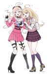  2girls :o absurdres ahoge akamatsu_kaede backpack bag black_gloves boots brown_footwear danganronpa_(series) danganronpa_v3:_killing_harmony fingerless_gloves gloves goggles goggles_on_head hair_ornament high_heels highres iruma_miu kneehighs miniskirt multiple_girls musical_note musical_note_hair_ornament necktie o-ring orange_necktie pink_shirt pink_skirt pink_sweater_vest pleated_skirt purple_skirt saliva shirt simple_background skirt smile socks sparkle sweat sweater_vest tears ttegi_(ddeck_dg) white_background 