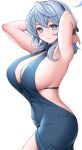  1girl ako_(blue_archive) asamura_hiori bare_shoulders blue_archive blue_dress blue_eyes blue_hair blush breasts dress hair_between_eyes hairband halo highres large_breasts looking_at_viewer short_hair sideboob smile solo 
