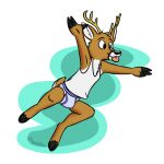 amtrack88_(character) anthro antlers black_nose blep blue_briefs blue_clothing blue_underwear briefs brown_body brown_fur bulge clothed clothing deer detailed_background fur geekfox hooves horn male mammal markings pantsless shirt simple_background solo striped_markings stripes tank_top tongue tongue_out topwear underwear white_background white_clothing white_shirt white_tank_top white_topwear
