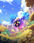  :d character_name cloud commentary copyright_name cosmog day english_commentary falling_petals highres kelvin-trainerk no_humans open_mouth outdoors petals pokemon pokemon_(creature) sky smile solo twitter_username watermark yellow_eyes 