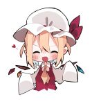  1girl ascot blonde_hair blush closed_eyes crystal crystal_wings fangs flandre_scarlet hat hat_ribbon heart highres mob_cap nacht_musik oversized_clothes pointy_ears red_eyes red_ribbon ribbon simple_background solo touhou upper_body white_background wings 