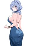 1girl ako_(blue_archive) ako_(dress)_(blue_archive) ass back backless_dress backless_outfit bare_shoulders blue_archive blue_dress blue_eyes blue_hair blush breasts closed_mouth commentary_request dress from_behind hair_between_eyes hairband highres large_breasts looking_at_viewer looking_back medium_hair official_alternate_costume sideboob simple_background smile solo upper_body white_background ya_ta 