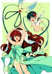  2girls blue_hair braid braided_ponytail breasts dress flower green_background highres legs multiple_girls official_alternate_costume open_mouth pls_type_urname ranma-chan ranma_1/2 red_flower scissors short_hair tendou_akane translation_request white_dress 