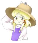  1girl blonde_hair brown_headwear flat_chest grin hat long_hair moriya_suwako nonamejd official_style parted_bangs purple_vest simple_background smile solo teeth touhou turtleneck upper_body vest white_background yellow_eyes zun_(style) 