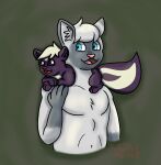 2022 ambiguous_gender anthro blue_eyes brown_nose carrying catsby_(catsbym) digital_drawing_(artwork) digital_media_(artwork) domestic_cat duo felid feline felis feral fur green_background grey_body grey_fur head_tuft hi_res humanoid_hands male mammal mephitid navel nude on_shoulders open_mouth open_smile paws pecs pink_nose pink_tongue purple_body purple_fur razzle_(razzle_the_red) razzle_the_red shaded siamese simple_background skunk smile soft_shading tail tongue tuft white_body white_fur