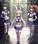  3girls absurdres atlanta_(kancolle) black_hairband black_neckerchief black_panties blonde_hair blue_sailor_collar blue_skirt breasts brown_eyes brown_hair cosplay crop_top eckert&amp;eich elbow_gloves gloves grey_eyes hairband height_difference highleg highleg_panties highres kaga_(kancolle) kantai_collection large_breasts long_hair looking_at_viewer matching_outfits microskirt miniskirt multiple_girls neckerchief panties pleated_skirt sailor_collar shimakaze_(kancolle) shimakaze_(kancolle)_(cosplay) shirt side_ponytail skirt sleeveless sleeveless_shirt striped_clothes striped_thighhighs thighhighs two_side_up underwear white_gloves white_hairband 