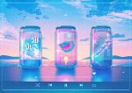  absurdres blue_theme border can cloud crescent_moon drink_can gradient_sky highres media_player_interface moon mountainous_horizon no_humans ocean original outdoors reflection simple_bird sky sunset surreal transparent tropical_fish user_interface wacca005 water 