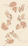  animal_focus bright_pupils brown_background brown_eyes brown_fur brown_theme closed_eyes commentary eevee english_commentary from_above happy highres lying no_humans on_back paw_print pokemon pokemon_(creature) signature simple_background standing vulpix walking yurano_(upao) 