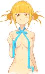  1girl blonde_hair blue_ribbon blush boku_no_hero_academia breasts double_bun hair_bun highres holding holding_ribbon licking_lips looking_at_viewer medium_breasts naked_ribbon navel nude rasusurasu ribbon simple_background solo toga_himiko tongue tongue_out upper_body v-shaped_eyebrows white_background yellow_eyes 