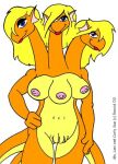 2003 3_breasts 3_heads 3_pussies 3_tails anthro blonde_hair blue_eyes breasts dragon female genitals hair hands_on_hips hydra multi_breast multi_genitalia multi_head multi_pussy multi_tail orange_body orange_skin pussy rancid solo tail tongue tongue_out