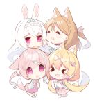  &gt;_&lt; 4girls :d amamiya_aki amamiya_mei animal_ears blonde_hair blue_jacket blush braid brown_hair chibi collared_shirt commentary_request cynthia_riddle fox_ears fox_girl fox_tail hair_between_eyes jacket long_hair long_sleeves lowres milia_leclerc mofu-mofu_after_school mofumofu_channel multiple_girls necktie one_side_up open_clothes open_jacket outstretched_arm p19 pink_eyes pink_hair pink_necktie pink_skirt pleated_skirt rabbit_ears shirt skirt sleeves_past_wrists smile tail transparent_background very_long_hair white_hair white_shirt xd 