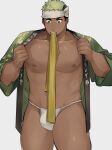  1boy bara bare_pectorals black_hair bulge cowboy_shot dark-skinned_male dark_skin facial_hair fundoshi goatee green_hair happi highres ikusaba_daisuke japanese_clothes large_pectorals looking_down male_focus mouth_hold multicolored_hair muscular muscular_male pectorals short_hair solo thick_thighs thighs thighs_together tokyo_afterschool_summoners two-tone_hair wanijima 