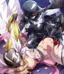  2girls angel_and_devil angel_wings angewomon arai_nobu ass_grab asymmetrical_clothes belt blonde_hair breasts chain claws clenched_teeth colored_skin commission covered_eyes demon_girl digimon digimon_(creature) feathered_wings gloves grey_hair grey_skin head_wings helmet holding holding_hair injury ladydevimon large_breasts long_hair mask medium_breasts multiple_girls nipples red_eyes shawl skeb_commission smile teeth torn_clothes wings 