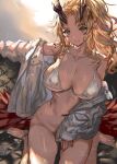  1girl 2024 bare_legs bare_shoulders barefoot bikini bikini_top_only blonde_hair blue_eyes blush bottomless breasts chinese_zodiac cleavage collarbone covering_crotch covering_privates dragon_girl dragon_horns dragon_tail highres horns large_breasts long_hair long_sleeves looking_at_viewer monster_girl navel open_clothes open_shirt original parted_lips pointy_ears ponytail ran&#039;ou_(tamago_no_kimi) shiny_skin silver_bikini sitting sleeves_past_wrists smile solo swimsuit tail toes wariza year_of_the_dragon 