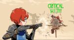  1girl armor bag blue_eyes brown_background chainmail commentary english_commentary english_text firing from_behind from_side gameplay_mechanics gauntlets gun hands_up hat holding holding_weapon kurisuu101 original red_hair satchel short_hair shotgun shoulder_armor solo target target_practice team_fortress_2 v-shaped_eyebrows weapon witch_hat 