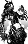  1boy 1girl armor breasts chibi covered_navel dou fate/grand_order fate/samurai_remnant fate_(series) fujimaru_ritsuka_(male) furauji greyscale hair_ornament japanese_armor kote looking_at_viewer mask medium_breasts minamoto_no_raikou_(fate) monochrome mouth_mask parted_bangs rider_(fate/samurai_remnant) scarf short_hair 