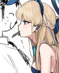  animal_ears artist_name bare_shoulders blonde_hair blue_archive blue_eyes blue_hair blush braid card_in_mouth detached_collar doodle_sensei_(blue_archive) earpiece face-to-face fake_animal_ears half_updo halo highres long_hair mouth_hold multicolored_hair rabbit_ears sensei_(blue_archive) signature streaked_hair sweatdrop toki_(blue_archive) toki_(bunny)_(blue_archive) uhuhu 