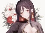  1girl absurdres black_hair bouquet breasts dress earrings flower goddess_of_victory:_nikke highres jewelry kumo_tabetai looking_at_viewer moran_(nikke) multicolored_hair red_eyes red_hair simple_background smile solo upper_body white_background 