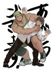  2boys bara biceps black_hair blush calf clenched_teeth couple dark-skinned_male dark_skin facial_hair fingerless_gloves frown full-face_blush gloves goatee green_hair hands_up highres ikusaba_daisuke large_pectorals leg_up male_focus multicolored_hair multiple_boys muscular muscular_male pectoral_cleavage pectoral_press pectoral_squeeze pectorals protagonist_4_(housamo) short_hair singlet teeth tokyo_afterschool_summoners two-tone_hair wanijima wrestling yaoi 