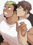  2boys adam&#039;s_apple arm_grab bara black_hair clenched_teeth clothes_lift couple dark-skinned_male dark_skin facial_hair goatee grabbing grabbing_from_behind green_hair hand_under_clothes highres ikusaba_daisuke large_pectorals lifted_by_another male_focus multicolored_hair multiple_boys muscular muscular_male nervous nervous_sweating pectoral_grab pectorals protagonist_4_(housamo) seductive_smile shirt_lift short_hair smile sweat teeth tokyo_afterschool_summoners two-tone_hair upper_body wanijima yaoi 