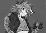  1boy absurdres artist_name astolfo_(fate) astolfo_(memories_at_trifas)_(fate) black_bow bow braid cropped_jacket cropped_shirt fang fate/apocrypha fate/grand_order fate_(series) grey_background greyscale hair_bow hair_intakes highres hood hooded_jacket jacket long_braid long_hair looking_at_viewer male_focus midriff monochrome multicolored_hair otoko_no_ko purple_eyes samyrkandia shirt single_braid skin_fang smile solo spot_color streaked_hair striped_clothes striped_shirt v-neck white_hair 