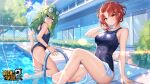  2girls benghuai_xueyuan blue_eyes blue_one-piece_swimsuit blue_sky breasts building closed_mouth cloud cloudy_sky copyright_name day eyewear_on_head glasses green_hair highres honkai_(series) logo looking_at_viewer looking_to_the_side multiple_girls murata_himeko official_art on_floor one-piece_swimsuit open_mouth outdoors pool poolside red_hair school_swimsuit second-party_source shiny_clothes sitting sky smile swimsuit towel tree water yellow_eyes yssring_leavtruth 