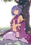  ar_tonelico ar_tonelico_ii bare_shoulders blue_hair breasts brown_eyes cleavage covered_nipples detached_sleeves folded_ponytail hair_ornament highres inu luca_truelywaath medium_breasts navel parted_lips purple_legwear short_hair sitting solo thighhighs wariza 