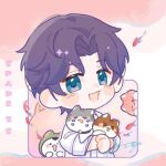  &gt;_&lt; 1boy :3 :d animal artist_name blue_eyes blush cat chibi fish holding holding_animal holding_cat long_sleeves looking_at_viewer love_and_deepspace male_focus open_mouth outline pink_background purple_hair purple_outline rafayel_(love_and_deepspace) shirt short_hair signature simple_background smile solo upper_body white_outline white_shirt zs_hetao 