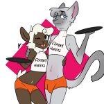 &lt;3 2022 anthro arm_around_shoulders arm_around_waist black_text blep blue_eyes blush blush_lines bottomwear bovid bulge caprine catsby_mcyifferson clothed clothing crop_top digital_drawing_(artwork) digital_media_(artwork) domestic_cat duo english_text eyebrows eyelashes felid feline felis femboy_hooters flat_colors fully_clothed fur girly grey_body grey_fur handwritten_text head_tuft hi_res holding_tray hotpants larger_male looking_at_viewer male male/male mammal midriff mishka_(sleepysheepy17) one_eye_closed orange_bottomwear orange_clothing orange_shorts pink_inner_ear pink_nose pink_tongue portrait sheep shirt shorts siamese side_hug simple_background size_difference slim smaller_male smile smiling_at_viewer sneplord snout standing tail taller_male text text_on_clothing text_on_shirt text_on_topwear three-quarter_portrait tongue tongue_out topwear tuft waiter white_body white_fur white_wool wink winking_at_viewer wool_(fur)