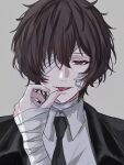  1boy bandage_on_face bandage_over_one_eye bandaged_arm bandages black_jacket black_necktie brown_eyes brown_hair bungou_stray_dogs collared_shirt dazai_osamu_(bungou_stray_dogs) gorigorinogori highres jacket necktie shirt short_hair simple_background solo tongue tongue_out upper_body 