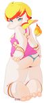  animal_crossing anklet anthro barefoot blonde_hair blue_eyes bottomless bracelet breasts butt chubby clothed clothing elephant female hair happy hindpaw jewelry kneeling mammal margie nintendo panties paws purochen shirt smile soles solo underwear video_games 