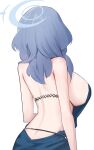  1girl ako_(blue_archive) ako_(dress)_(blue_archive) back backless_dress backless_outfit bare_arms blue_archive blue_hair blue_halo breasts dress facing_away from_behind halo highres honashi large_breasts long_hair simple_background solo white_background 