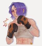  1girl abs bandages bare_shoulders boxing_gloves chest_sarashi clenched_teeth commentary grey_background highres luft_(luft_sch) midriff purple_hair red_eyes sarashi shiver_(splatoon) short_hair simple_background solo splatoon_(series) stomach strapless teeth tube_top upper_body 