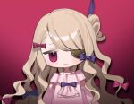  1girl blonde_hair bow chibi chizuru_(cizz_ru) closed_mouth eyepatch hair_bow long_hair long_sleeves looking_at_viewer mahou_shoujo_ikusei_keikaku multiple_hair_bows pfle pink_background pink_bow pink_eyes purple_bow smile solo upper_body very_long_hair wavy_hair 