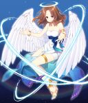  1girl bangle bare_shoulders blush bracelet breasts brown_eyes brown_hair cleavage collarbone commentary_request commission dress feathered_wings forehead full_body halo jewelry kusumoto_shizuru long_hair looking_at_viewer medium_breasts original parted_bangs pelvic_curtain smile solo strapless strapless_dress white_dress white_wings wings 