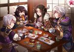 2boys 2girls ahoge black_hair brown_gloves chopsticks coat dual_persona eating family fire_emblem fire_emblem_awakening gloves grey_hair gzei headband highres kirby kirby_(series) morgan_(female)_(fire_emblem) morgan_(fire_emblem) morgan_(male)_(fire_emblem) multiple_boys multiple_girls robin_(fire_emblem) robin_(male)_(fire_emblem) say&#039;ri_(fire_emblem) smile table thought_bubble white_headband 